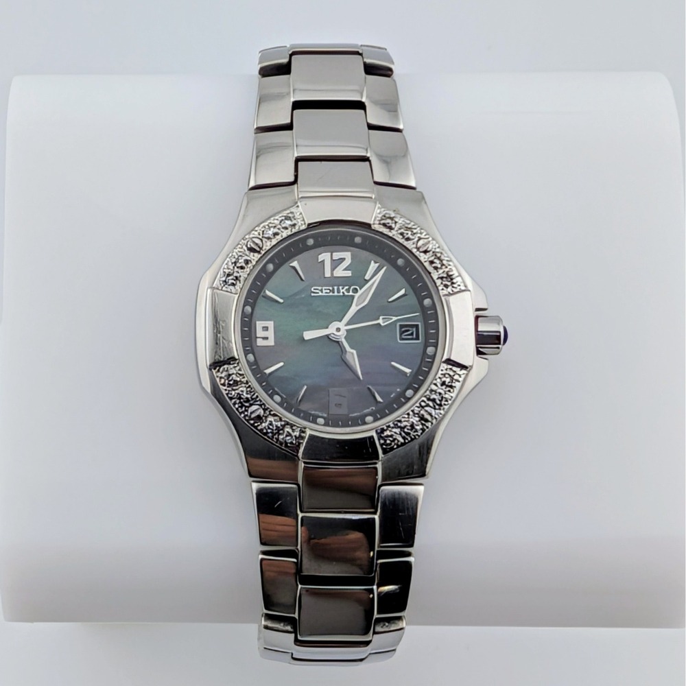 Seiko Coutura 7N82-0BF0 Diamond Bezel MOP Sapphire Women's Watch 28mm 6.5" Lume